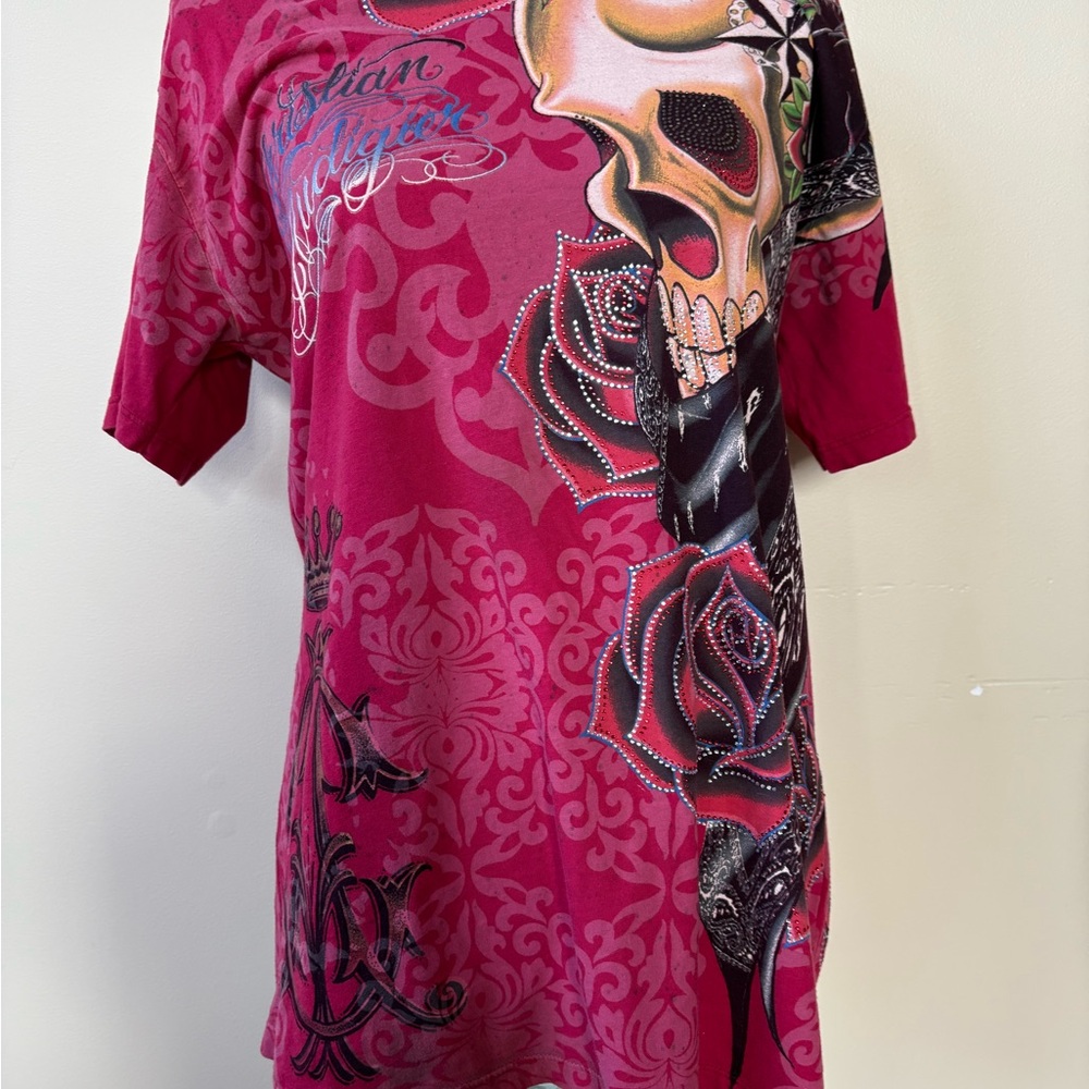 Christian Audigier Men's Red Skull and Rose Tee - Picture 2 of 12